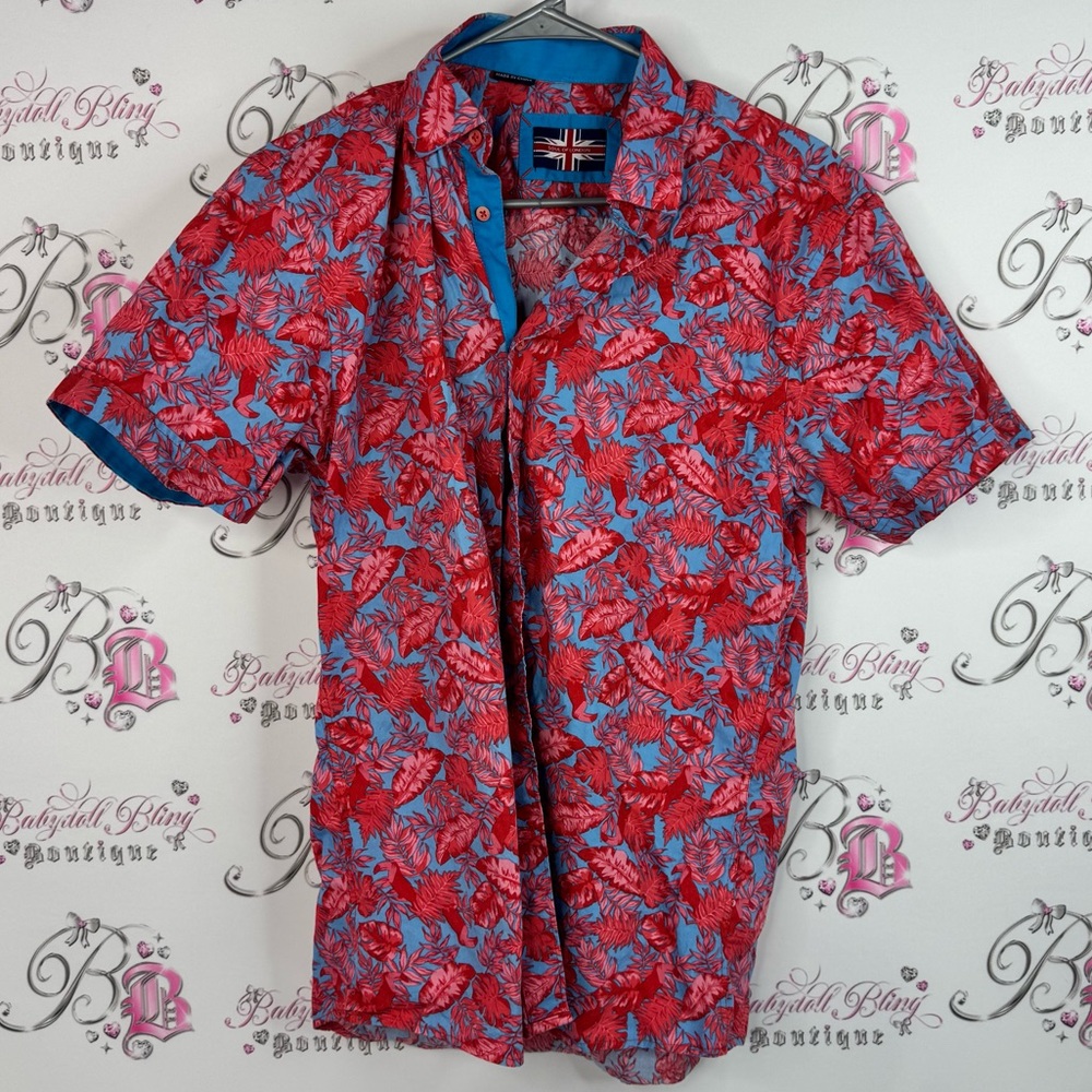Soul of London shirt button up tshirt leafs Floral Red and Blue Men's Shirt